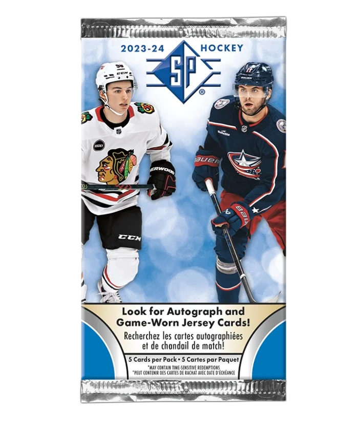 "2023-24 Upper Deck SP Blaster balíček hokejových karet – oficiální box s NHL hráči a exkluzivními SP paralelkami"